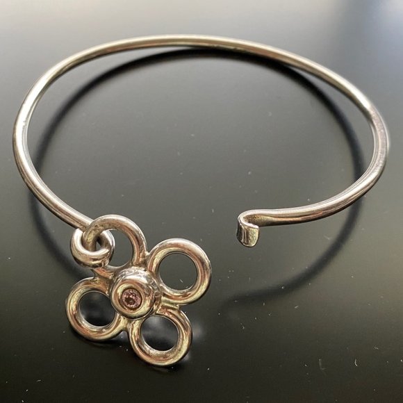 Vintage Mexico 925 Silver Flower Bangle Bracelet w/Pink Crystal Center - Picture 8 of 11